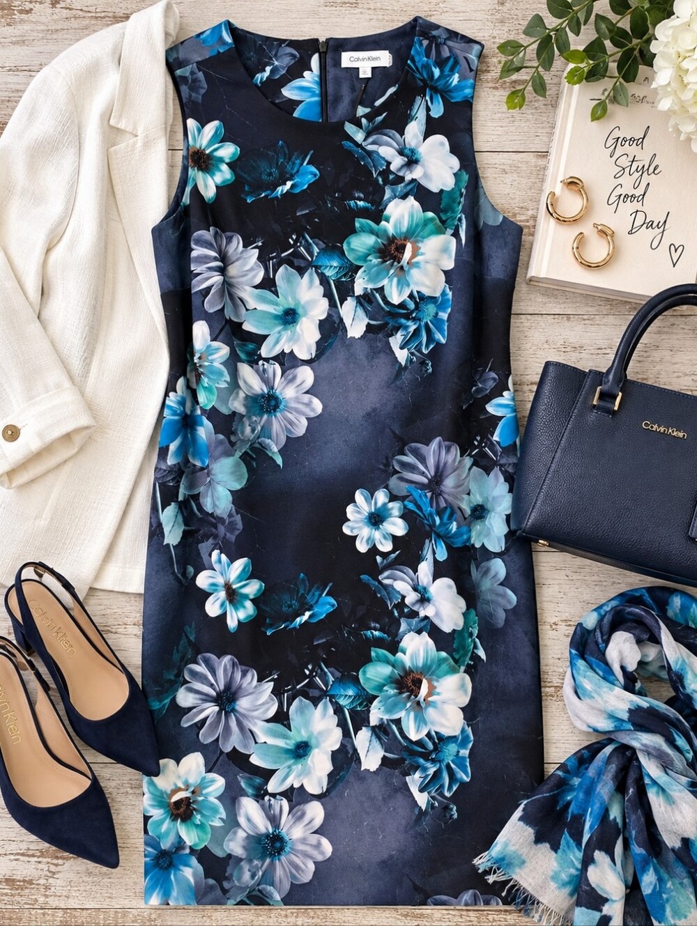 Calvin Klein 22W NWT Navy Blue Floral Sheath Dress Plus Size